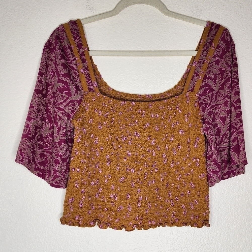 Free People Marigold and Pink Smocked Crop Blouse L - Picture 4 of 8